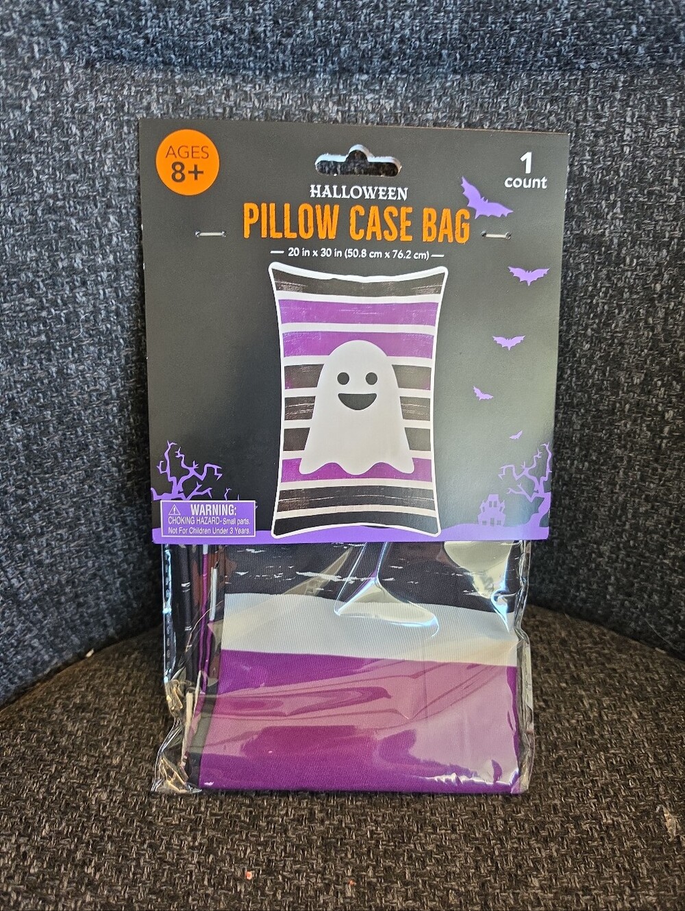 NWT Halloween Ghost Pillow Case Trick Or Treat Candy Bag Purple Black 20" X 30"